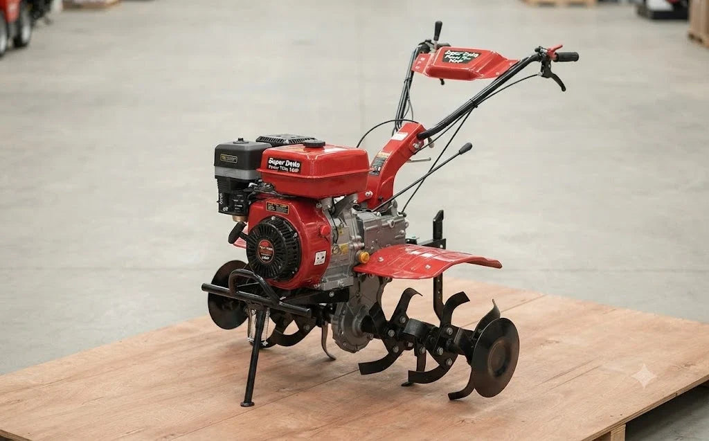 Red Super Delta Power Tiller standing on a wooden platform with its heavy-duty engine, tines, and handlebars visible.