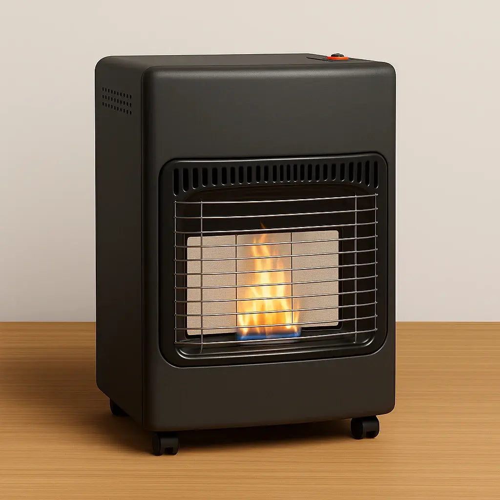 Abou Che3le modern black gas heater with a visible flame behind a protective metal mesh grille on a wooden surface.