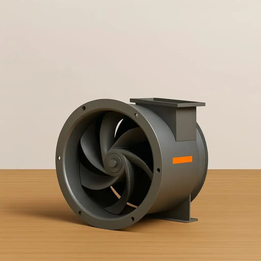Abou Che3le heavy-duty inline helical flow duct fan with a dark gray housing and integrated mounting bracket on a wooden surface.