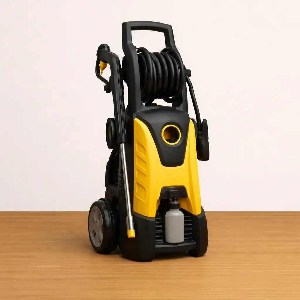 Abou Che3le heavy-duty yellow and black electric pressure washer with integrated hose reel and wheels.