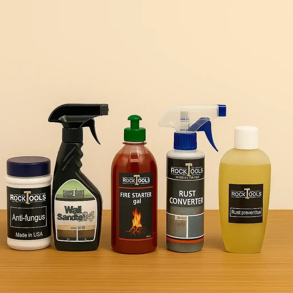 Abou Che3le collection of home maintenance, cleaning, and repair bottles displayed neatly on a wooden table against a neutral background.