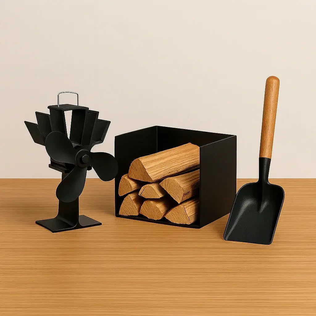 Abou Che3le black wood stove fan and a fireplace tool set with a wooden handle resting in a metal holder on a wooden surface.