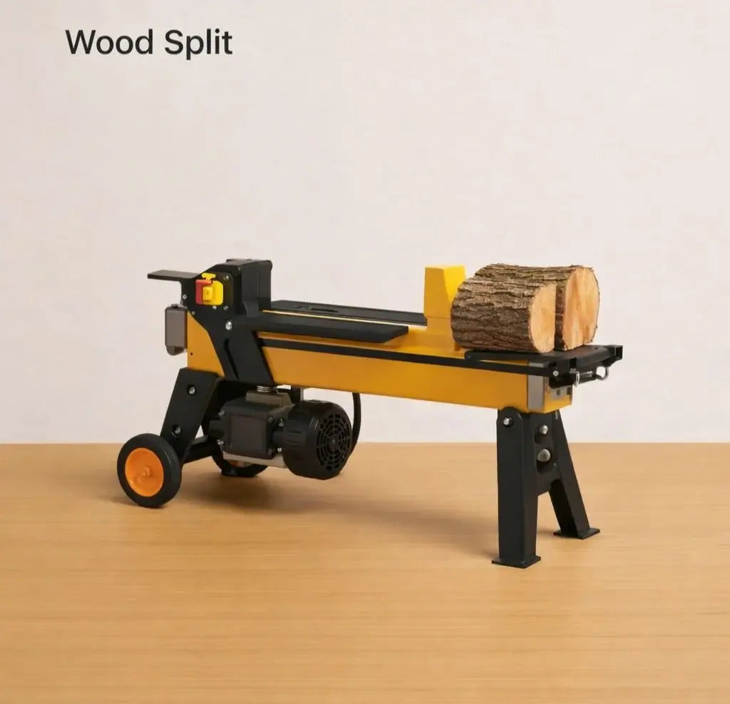 Abou Che3le heavy-duty electric wood splitter operating on a wooden surface with a split log.