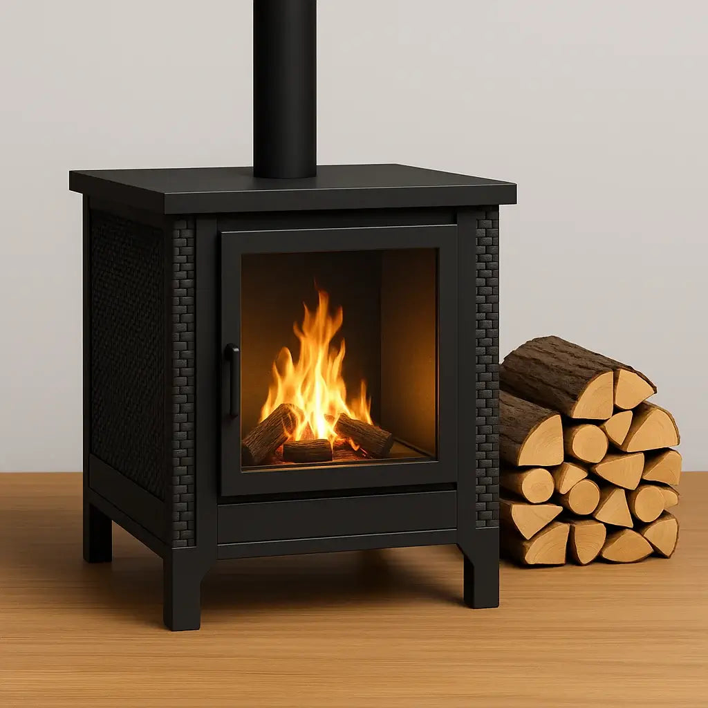 Abou Che3le modern black wood stove with a burning fire inside the glass door, a vertical black pipe, and stacked logs beside it on a wooden surface.