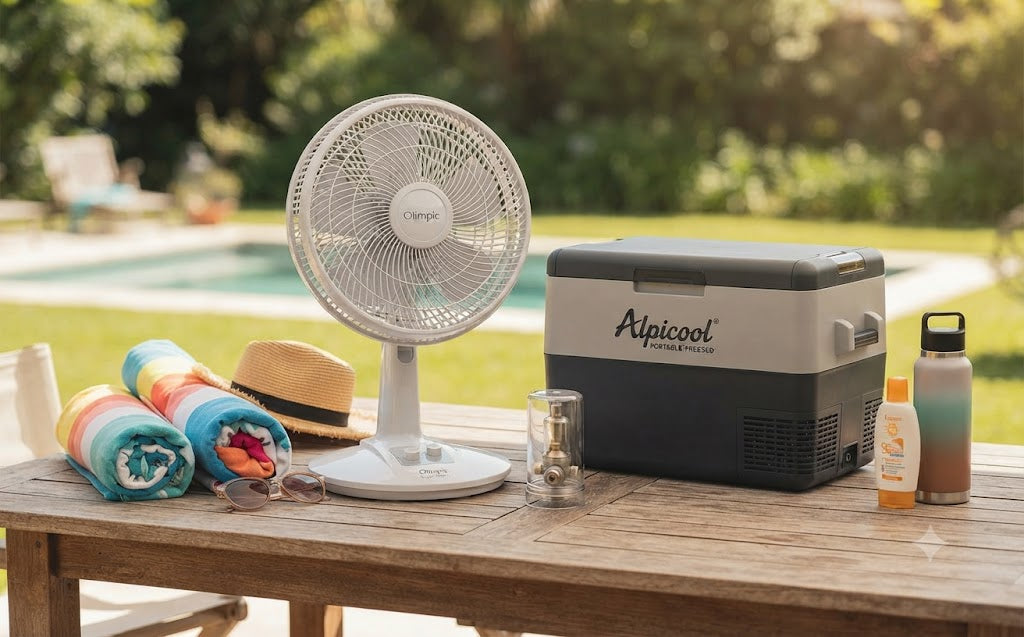 Super Silent Fan, Alpicool portable fridge freezer, beach towels, and outdoor accessories arranged on a wooden table outdoors with a swimming pool in the background.