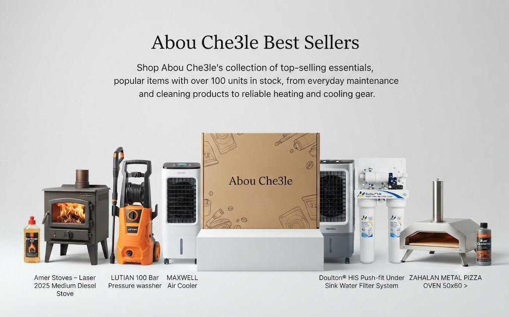 Abou Che3le best sellers collection banner featuring popular products including a diesel stove, pressure washer, air cooler, custom branded box, water filter system, and pizza oven against a clean background.