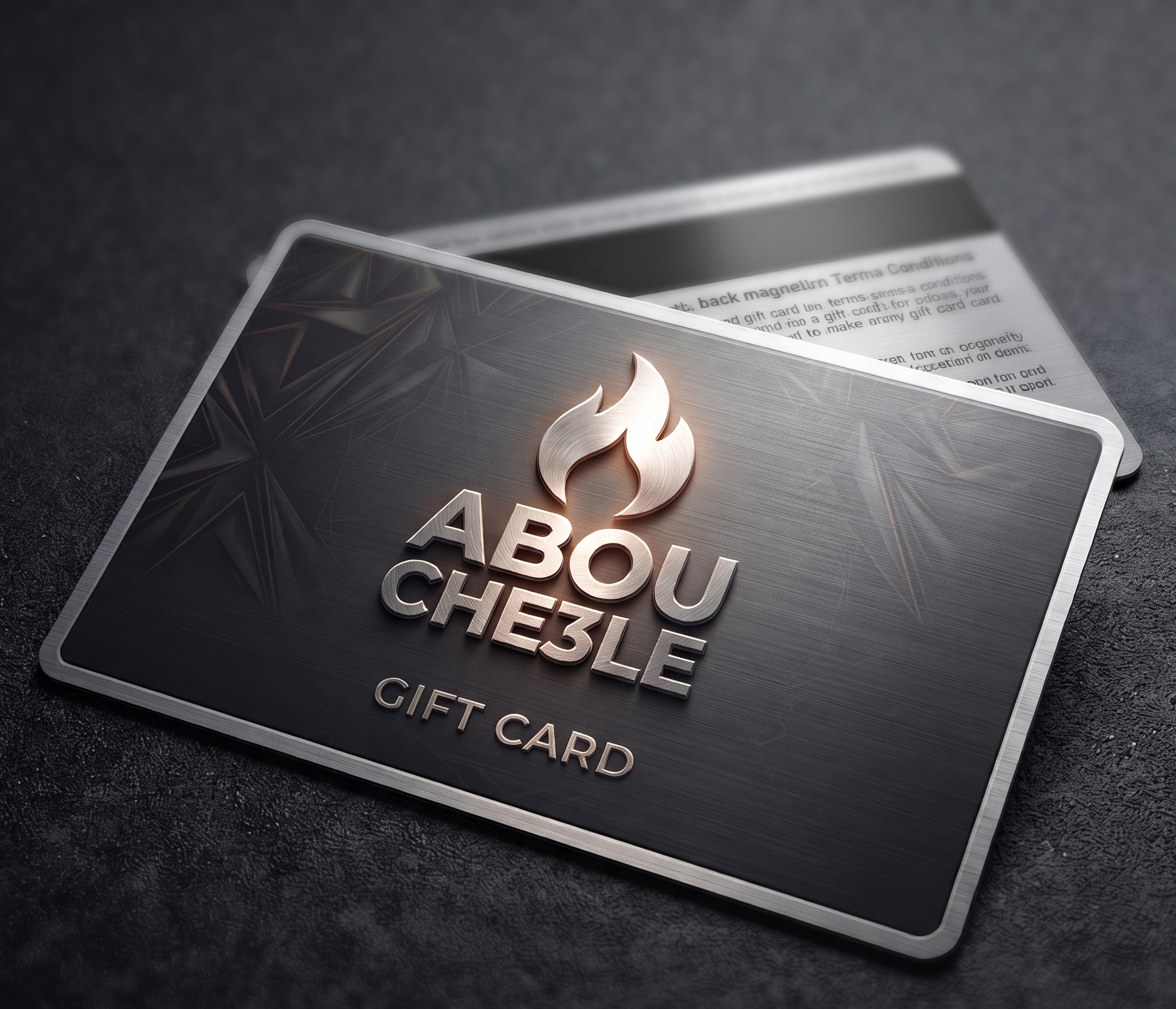 A metallic gift card with a brushed dark gray finish, featuring the brand name 'ABOU CHE3LE' in raised silver lettering beneath a stylized flame logo. The card is shown at an angle on a dark textured surface, with a second card partially visible behind it. -  Abou Che3le Gift Card -  Abouche3le