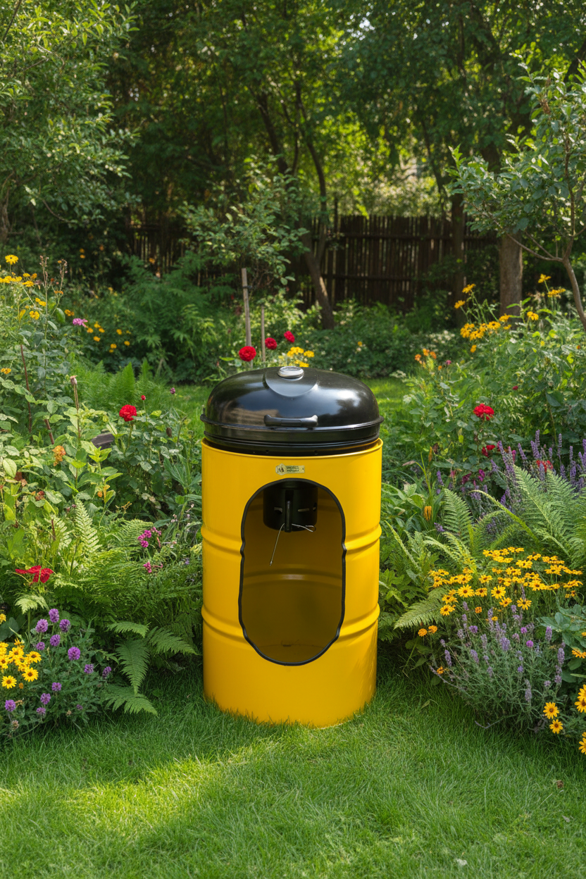 A yellow barrel-style outdoor pet stove or fire pit with a black lid, shown on a tiled floor in front of a shop window. Blue barrels and store fixtures are visible in the background.