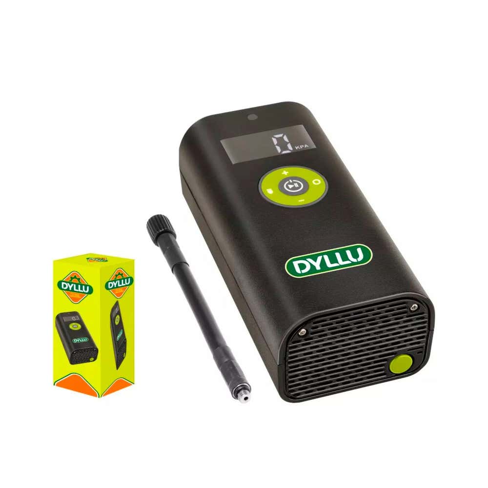 Black Dylwu device with digital display and green accents, next to its packaging and a black extension tube on a white background. -  DYLLU 8V Cordless Lithium-Ion Auto Air Compressor (150 PSI, Type-C) -  Abouche3le