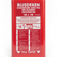 Front view of a 1m x 1m Synapse Emergency Fire Blanket in a red casing with multi-lingual safety instructions. -  Emergency Fire Blanket 1M x 1M – EN 1869:1997 Certified -  Abouche3le