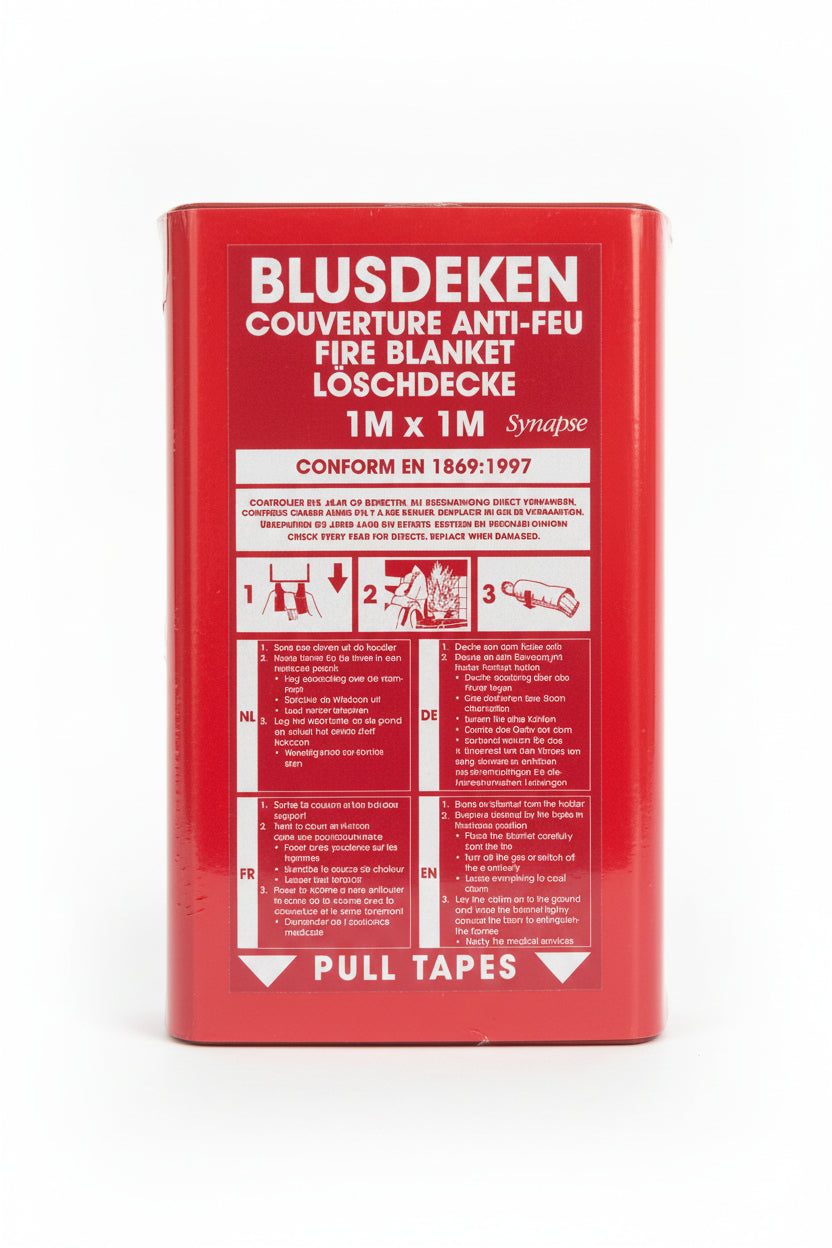 Front view of a 1m x 1m Synapse Emergency Fire Blanket in a red casing with multi-lingual safety instructions. -  Emergency Fire Blanket 1M x 1M – EN 1869:1997 Certified -  Abouche3le