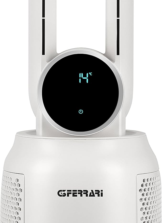 A white modern tower fan with a circular black digital display showing 14 degrees Celsius, featuring the G.FERRARI brand name on the front.
