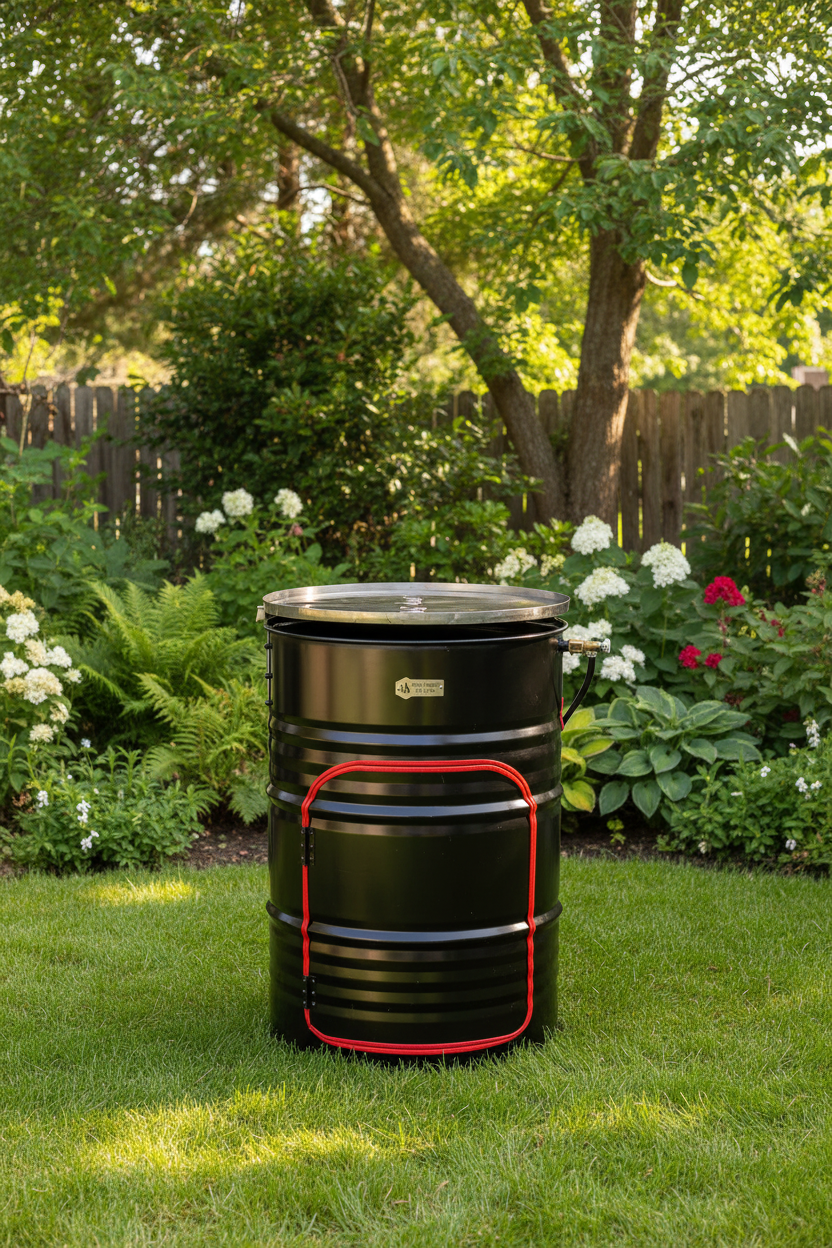 Three metal barrel-style furniture pieces shown on a white studio background: a red barrel with a black top and black side panel, a black barrel with a red side panel, and a red barrel with a stainless steel sink and faucet.