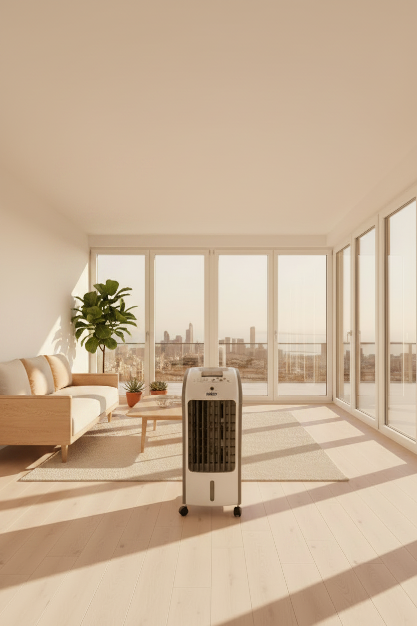 Kinzo Cooling Air Cooler With Remote Control 57 cm 80 W branding on a white background with Beirut and Abou Che3le in the background -  Kinzo Cooling Air Cooler (57 cm, 80W) -  Abouche3le
