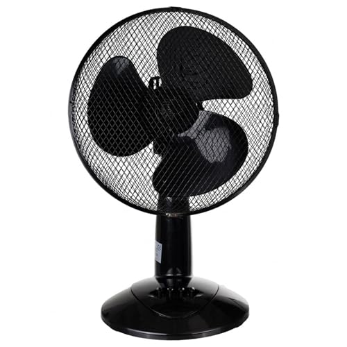 A black pedestal table fan with three blades and a protective mesh screen, shown against a plain white background. -  LEX XXL Table Fan Premium Wind Machine Ø30 cm – 3 Speeds, 45W, Oszillierend (Black) -  Abouche3le