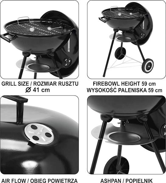 A four-panel product information graphic showing a black round kettle-style LUND CHARCOAL BBQ GRILL WITH LID 41CM from different angles, with text labels for grill size, firebowl height, air flow, and ashpan. -  LUND CHARCOAL BBQ GRILL WITH LID 41CM #99591 -  Abouche3le