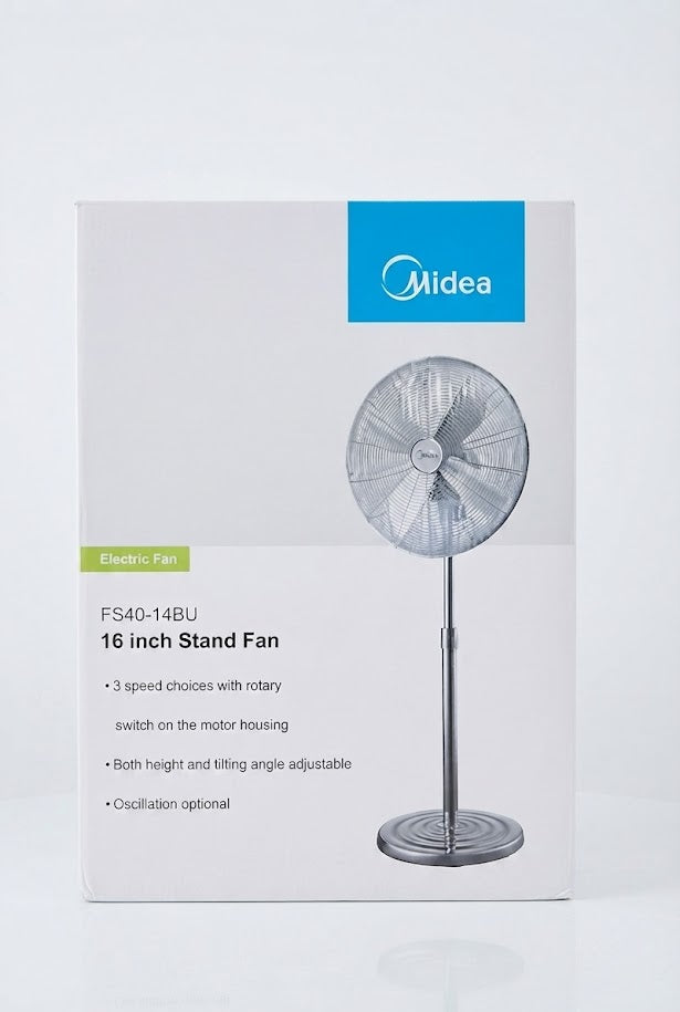 Midea 16-inch electric stand fan retail box on a clean white background, featuring a blue Midea logo and an illustration of the silver and black fan.