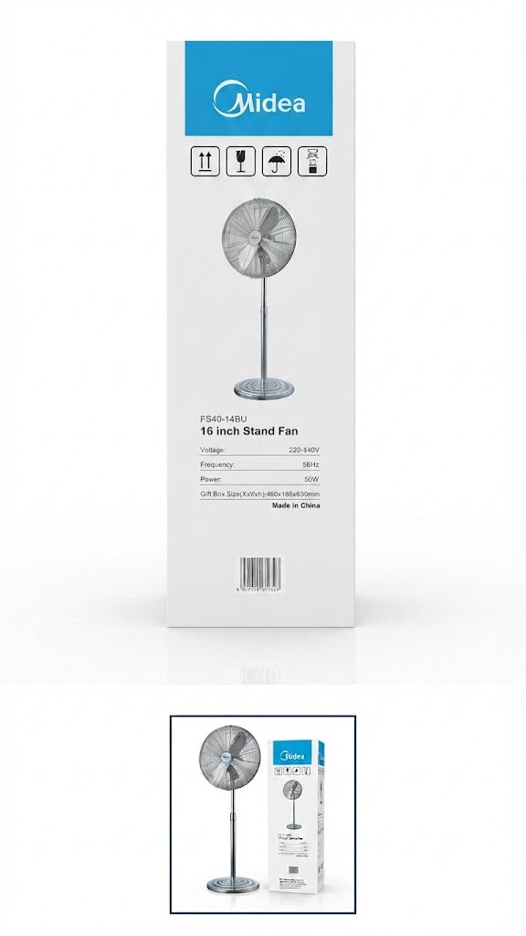 Midea 14-inch stand fan retail packaging box shown upright on a white background, with a small inset below showing the fan and its box together.