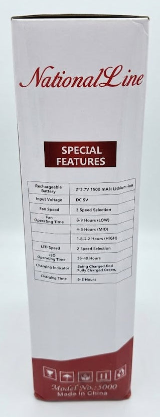 A tall white product box for a National Line device, featuring red script branding and a dark red 'SPECIAL FEATURES' label on a light gray background.