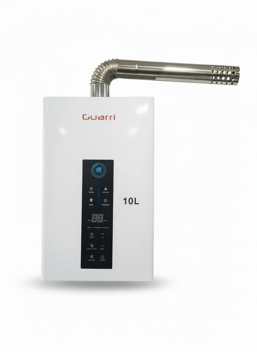 Guarri water heater with digital display on a white background -  Guarri 10L Gas Water Heater -  Abouche3le