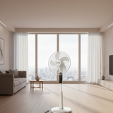 X-Tech 18-inch remote stand fan retail box on a wooden floor, showing the fan, features, and remote control graphic. -  X-Tech 18" Remote Stand Fan (Model: XT-02312C) -  Abouche3le