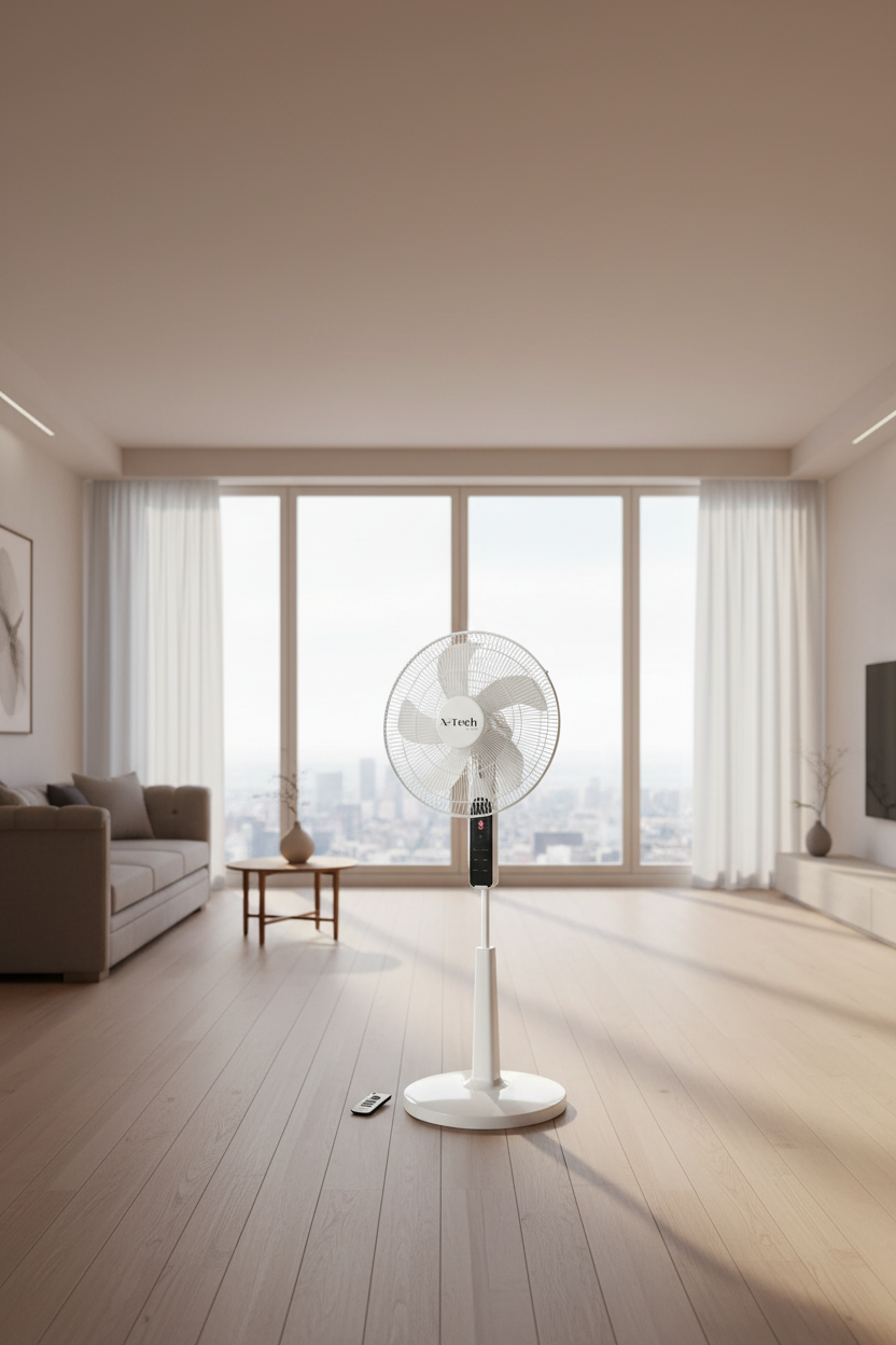 X-Tech 18-inch remote stand fan retail box on a wooden floor, showing the fan, features, and remote control graphic. -  X-Tech 18" Remote Stand Fan (Model: XT-02312C) -  Abouche3le