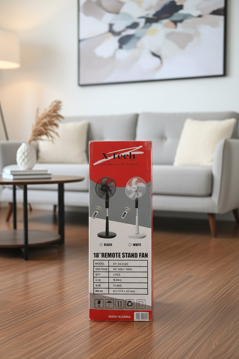 A 18-inch remote control stand fan in its original retail packaging, showing black and white options with product specifications printed on the box.